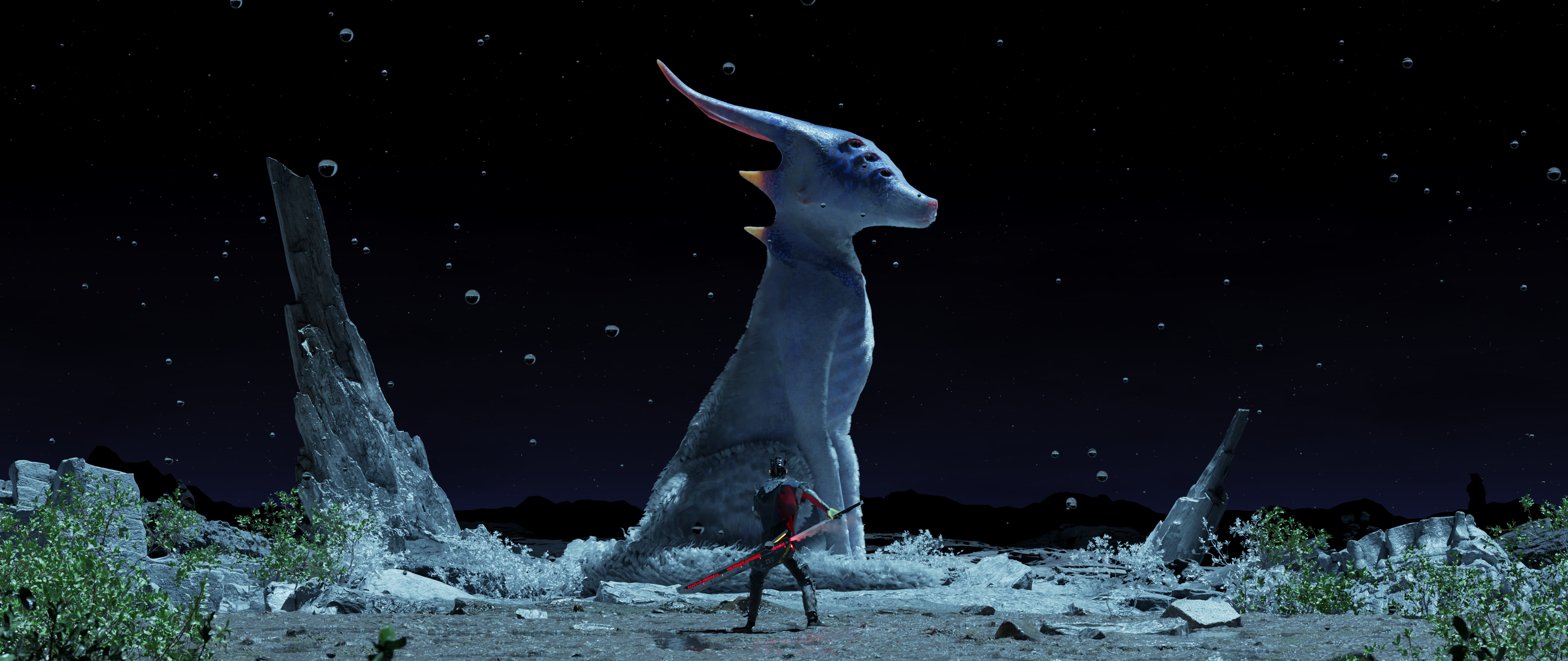 Computer-generated image of a large alien fox-like creature at night in a rainy rocky landscape, a man with a sword is standing between the creature and the camera.